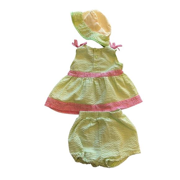 Fisher-Price Baby Girl Watermelon Outfit 12M Seersucker Dress Bloomer Hat Set - Picture 5 of 11